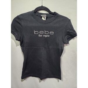 Y2K BEBE SPORT Crystal Chest Logo Las Vegas Black Top Stretchy Size SMALL